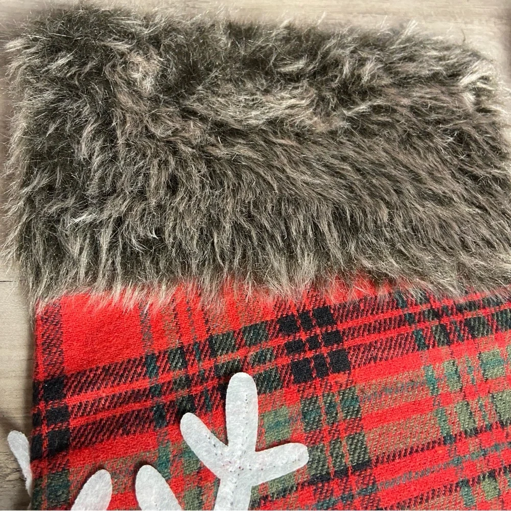 Christmas Stockings Set of 2 Red Gray Fuzzy Top Snowflake Pattern Hanging Plaid‎